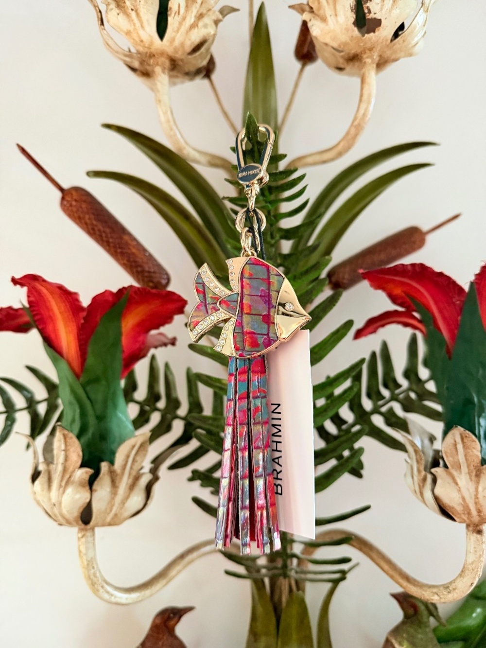 NWT Brahmin Rainbow Fish Leather Tassel Crystal Accents Purse Charm Multi Colors